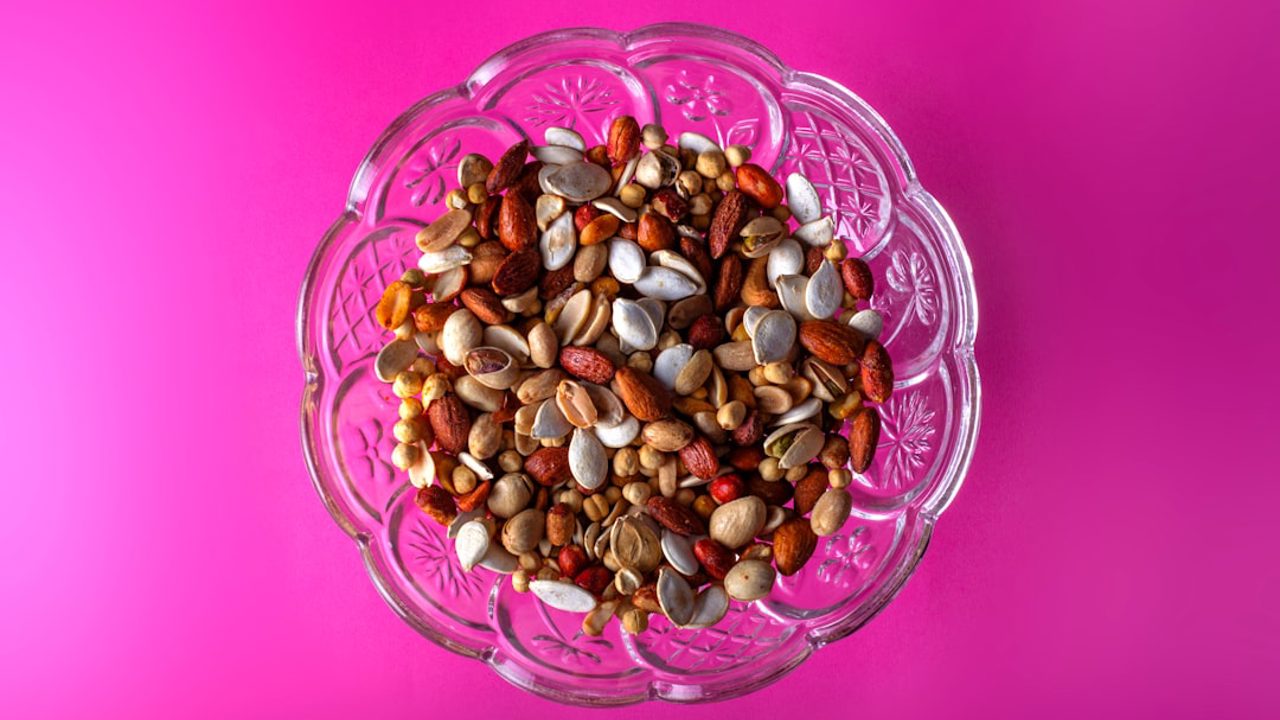 Close-up shot of dried fruits in a colorful setting