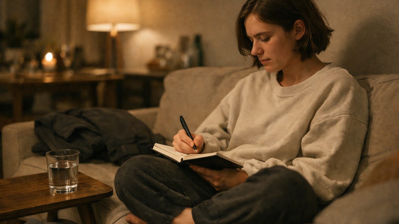 After going out at night, a person at home in dim light, in comfortable clothes, taking notes