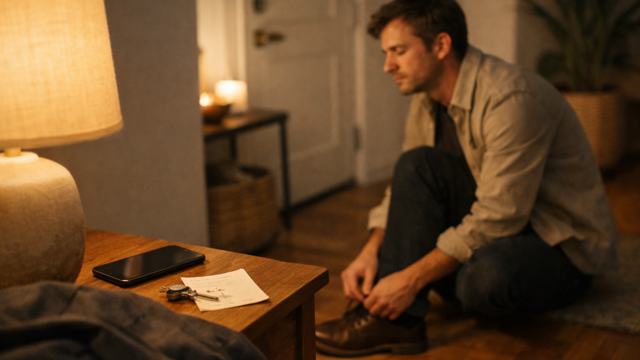 An introverted person calmly preparing at home to create transition time before an invitation