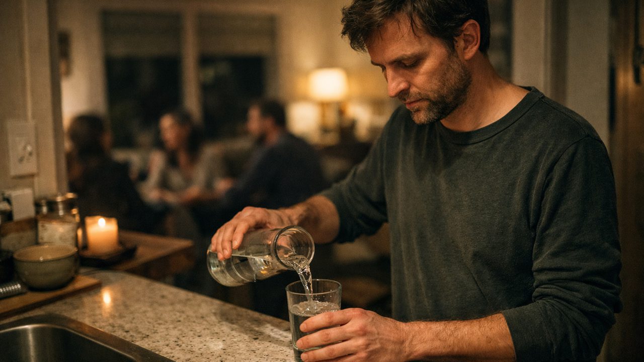 A calm person taking a short break to refill water in the kitchen during a house gathering
