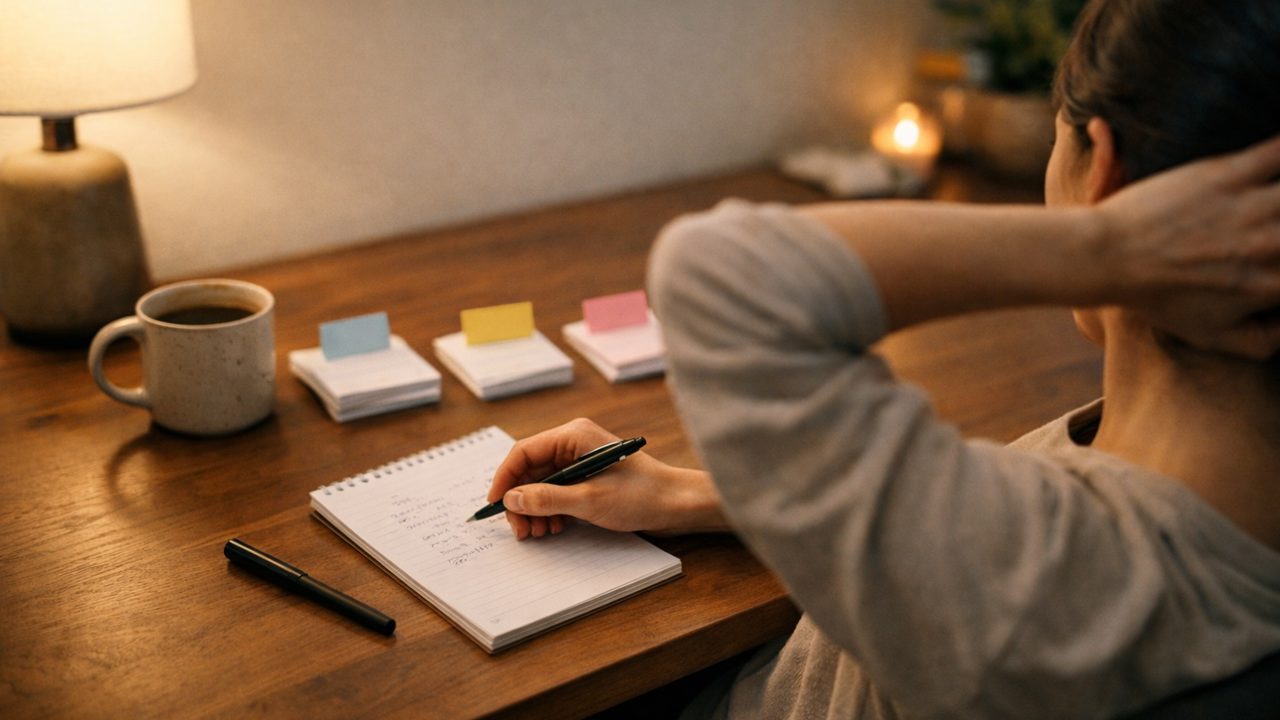 Person, die am Sonntagabend am Tisch kurze Notizen schreibt und beiseitelegt – eine ruhige Abschlussroutine