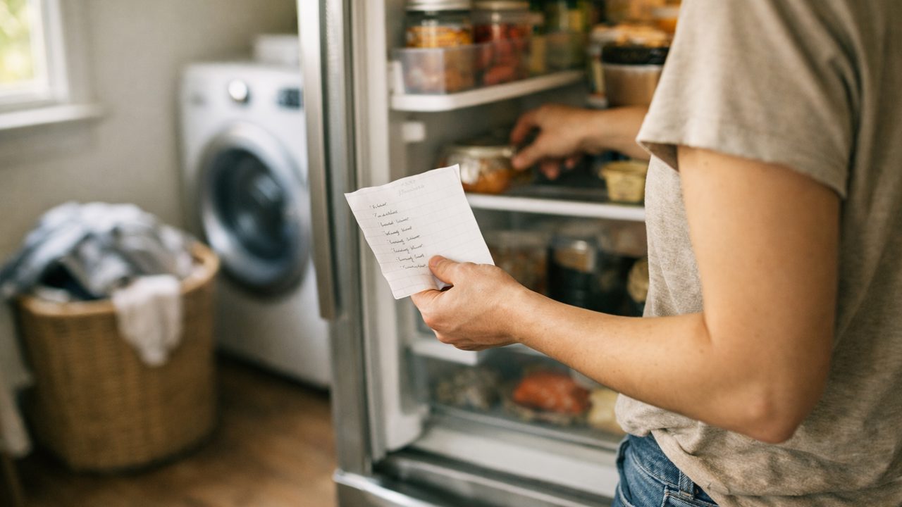 Person, die am Sonntag zu Hause die Waschmaschine laufen lässt, in der Küche den Kühlschrank ordnet und eine kurze Einkaufsliste notiert