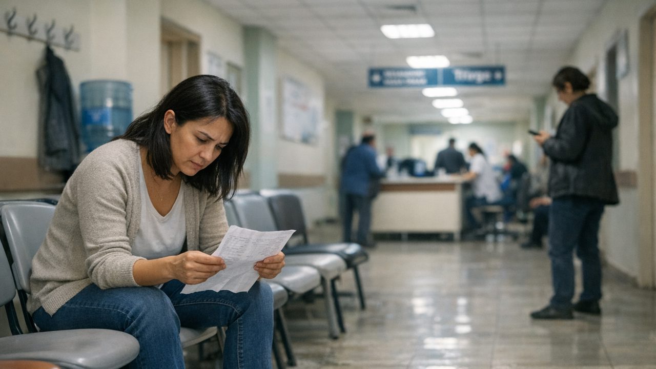 A woman sitting in a hospital corridor looks at the blood test paper in her hand, with someone waiting beside her.