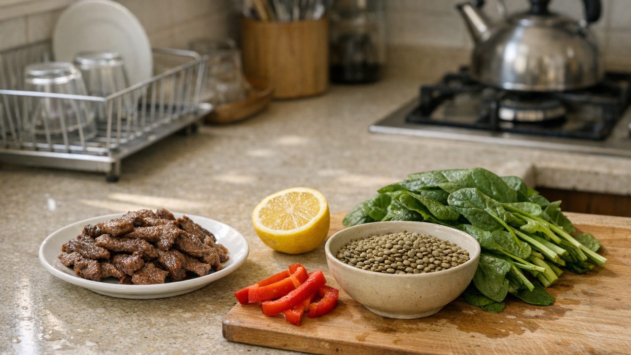 On a kitchen counter are a plate of cooked meat pieces, half a lemon, a bowl of green lentils, sliced red pepper, and a bunch of spinach.