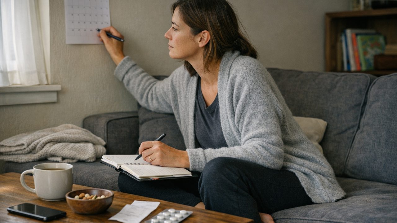 A woman sitting on a couch marks a wall calendar with a pen while writing in a notebook on her lap, with a mug, phone, bowl, receipt, and a pill blister pack on the coffee table.