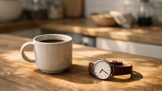 A coffee cup on a sunlit kitchen table in the morning with a clock beside it, a calm routine