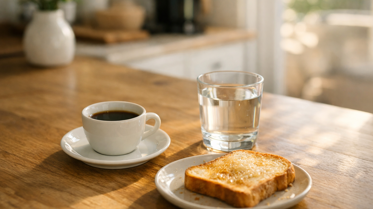 In a sunlit morning kitchen, a small cup of drip coffee with a light snack beside it