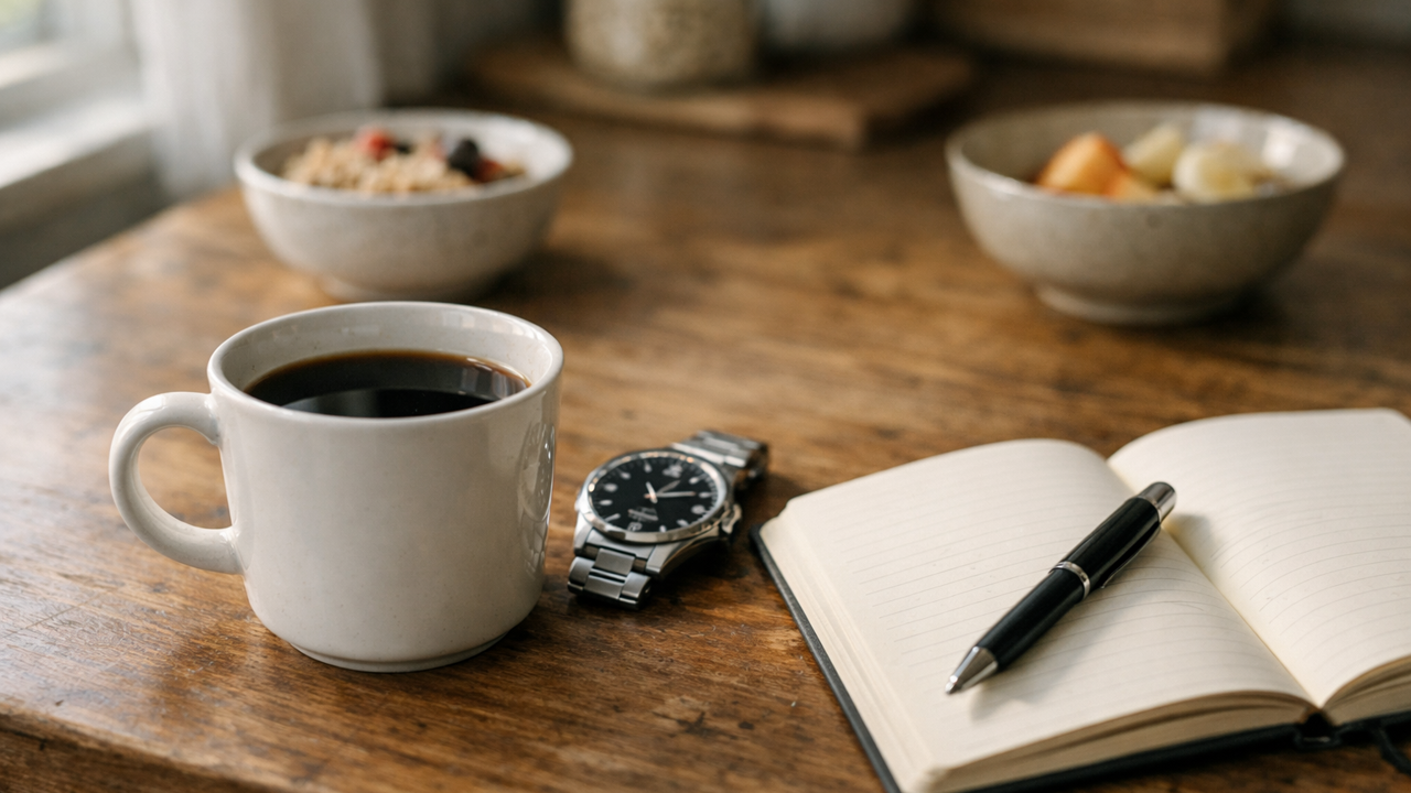 In morning light, a coffee cup on a kitchen table with a clock and a notebook—an everyday moment that suggests caffeine timing