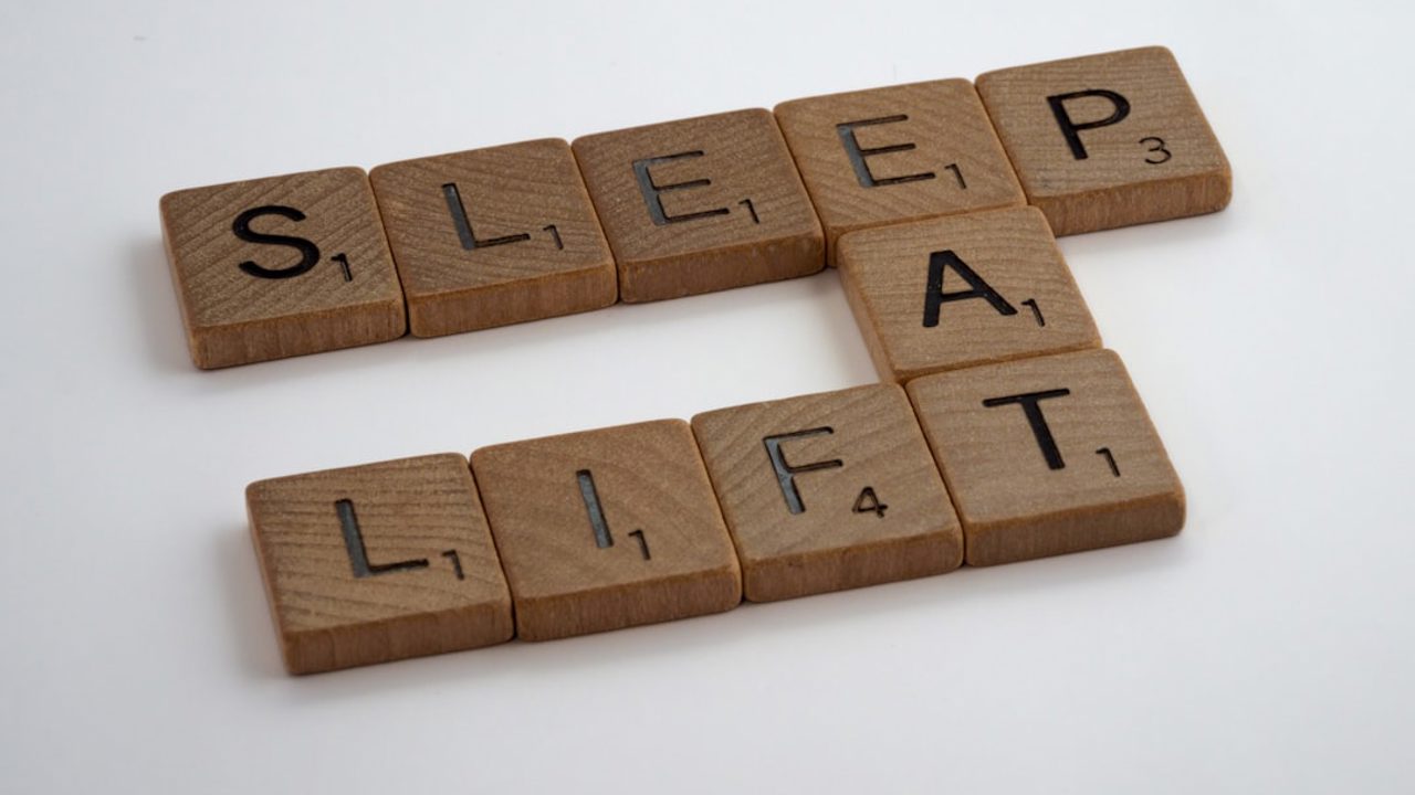 scrabble, scrabble tiles, spelling, letters, wooden, scrabble tile pieces, white background, words, quote, sleep, food, weight lifting, weight training, exercise, nutrition, balanced lifestyle, health, healthy, 
