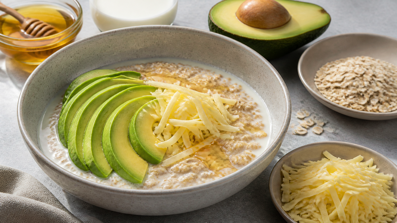 Haferflockenfrühstück mit Avocado und Käse