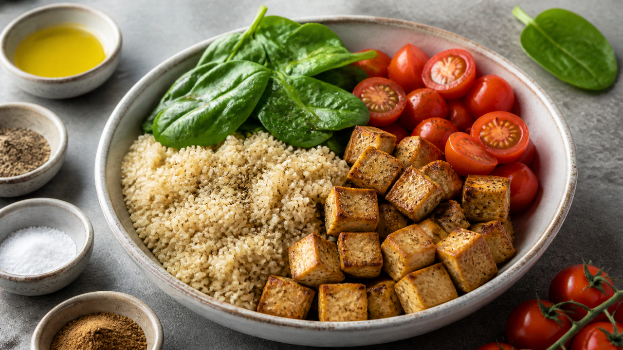 Gewürzter Tofu und Quinoa Schüssel
