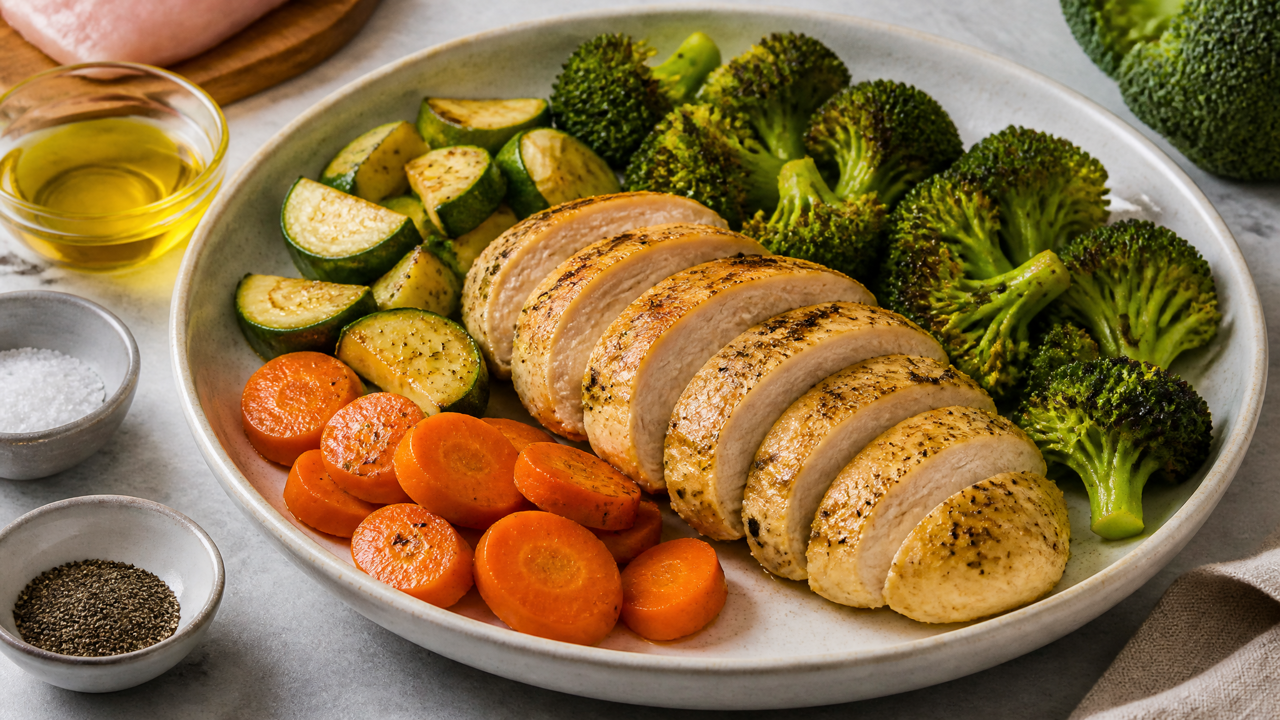 Ofen-gebackenes Hähnchen mit Gemüseplatte