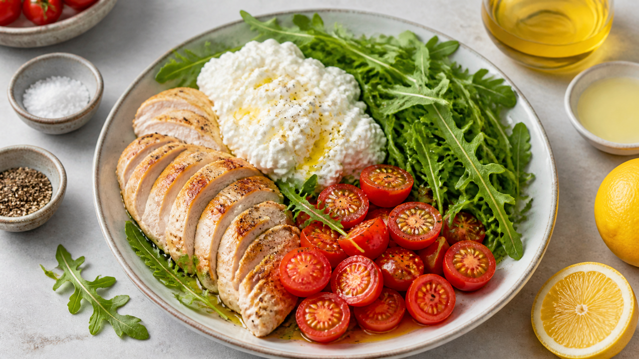 Olivenöl-Hühnchen und Hüttenkäse-Salat
