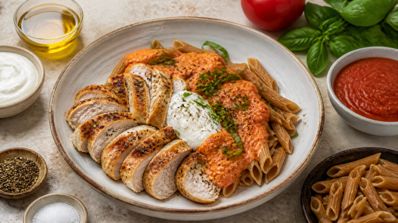 Crema-Tomatensauce Hähnchen und Vollkornnudeln