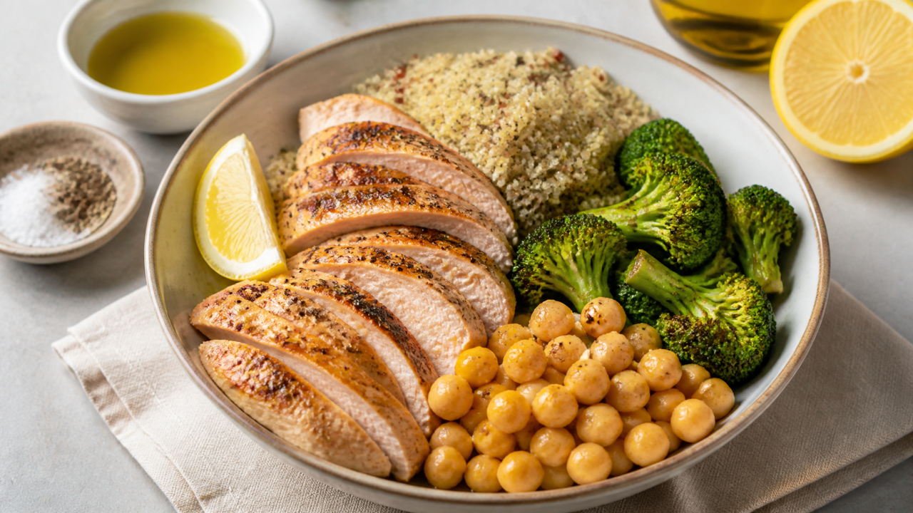 Proteinreicher Hähnchen- und Kichererbsensalat