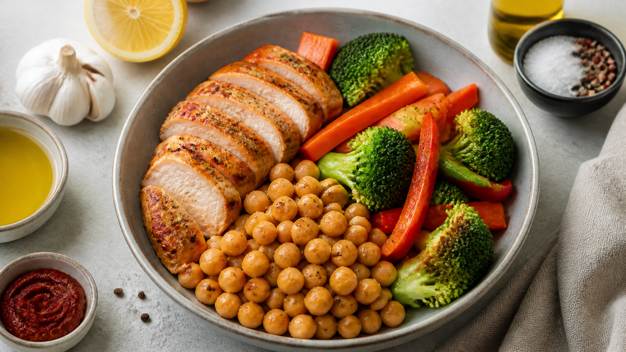 Hähnchen- und Kichererbsenschale mit Sauce