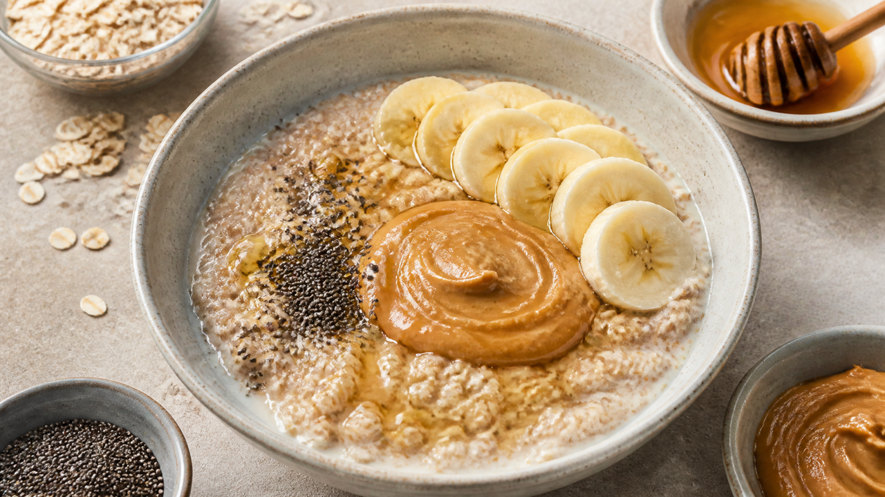 Haferflocken Frühstücksschüssel mit Erdnussbutter