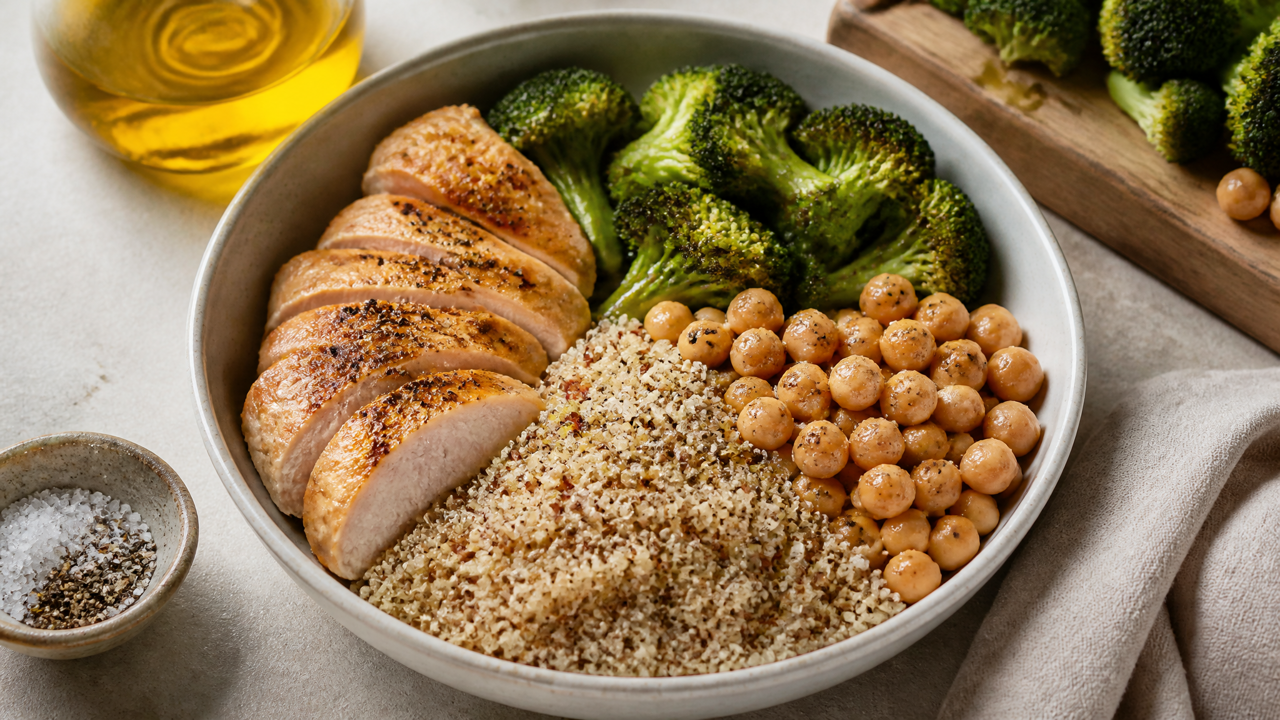 Hühnchen, Kichererbse und Quinoa Schüssel