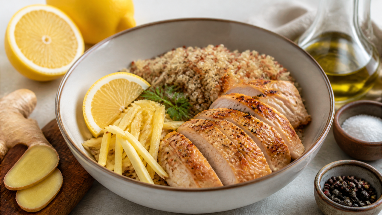 Zitronen-Ingwer-Hühnchen und Quinoa-Schüssel