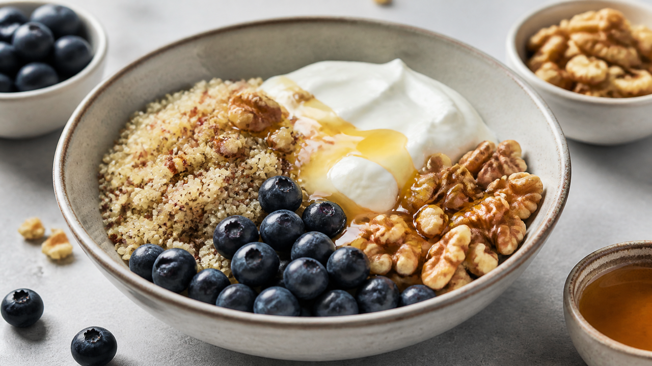 Hoher Protein Quinoa und Joghurt Frühstück