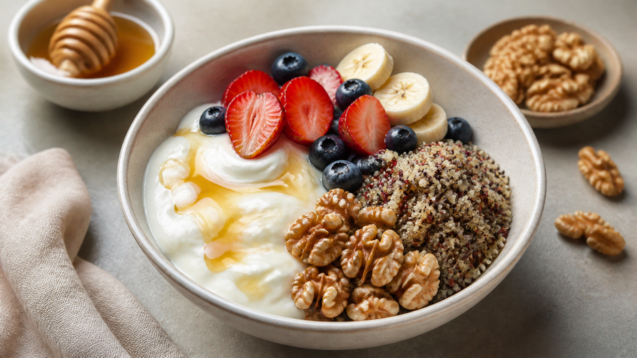 Proteinreiches Quinoa und Joghurt Frühstück