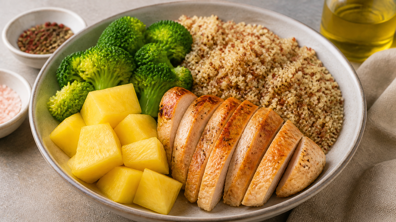 Ananas-Hühnchen und Vollkorn-Quinoa-Schüssel