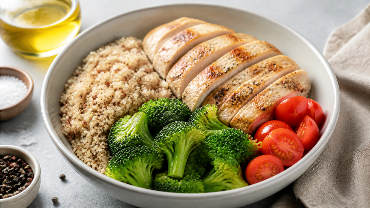 Hähnchen-Quinoa-Bowl mit Olivenöl