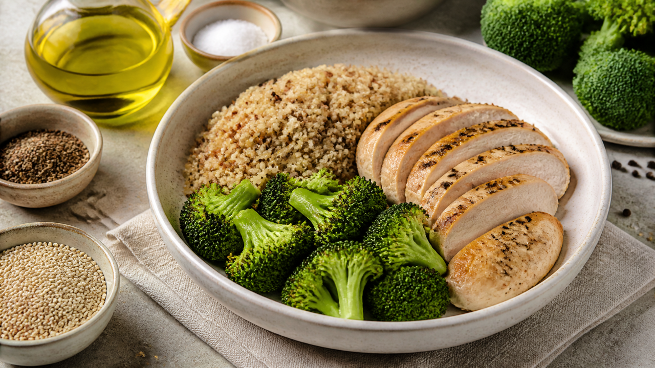 Gebackenes Hähnchen und Quinoa Schüssel