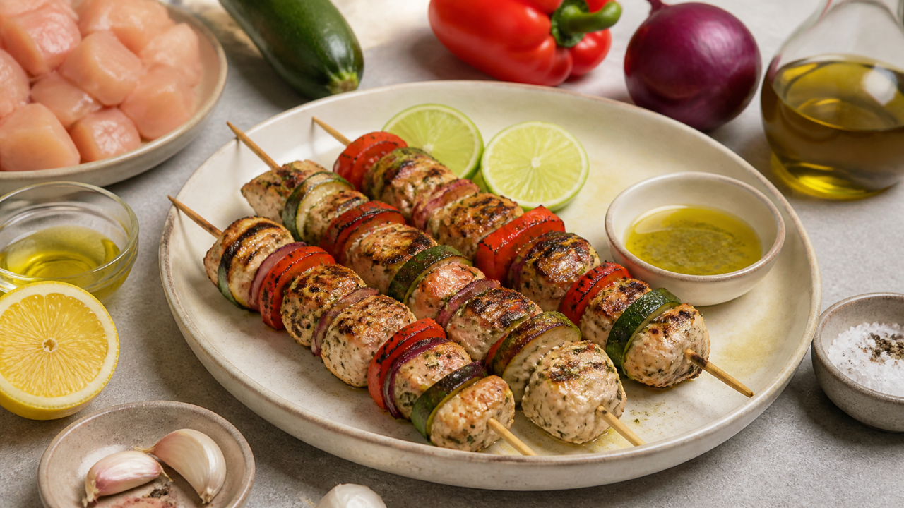 Limetten-Sauce Hähnchen und Gemüse-Spieße