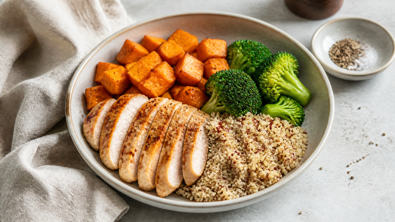 Süßkartoffel-Hühnchen-Quinoa-Schüssel