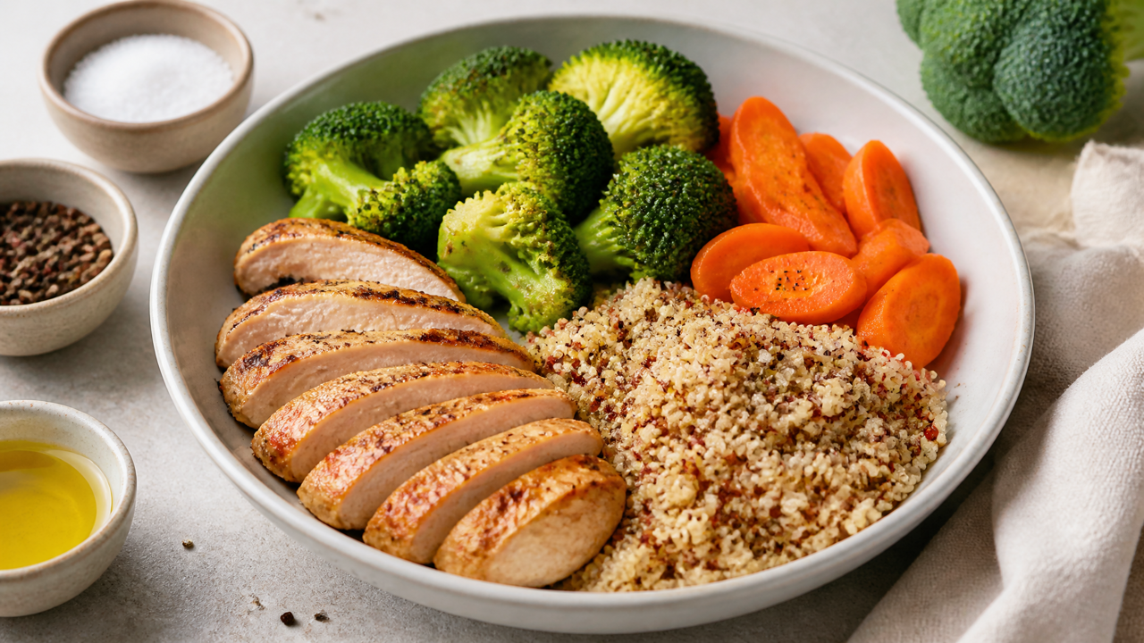 Aromatische Hühnchen- und Gemüse-Quinoa-Schüssel