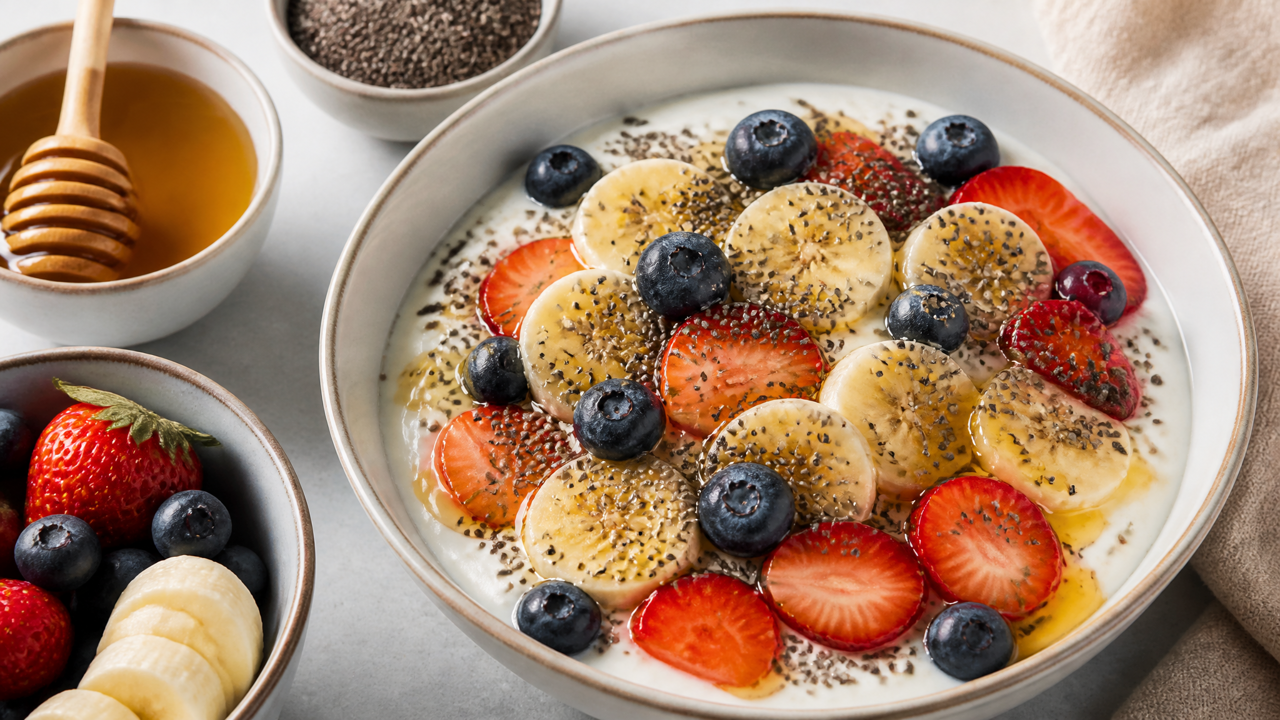 Proteinreicher Joghurt und Obstsalat