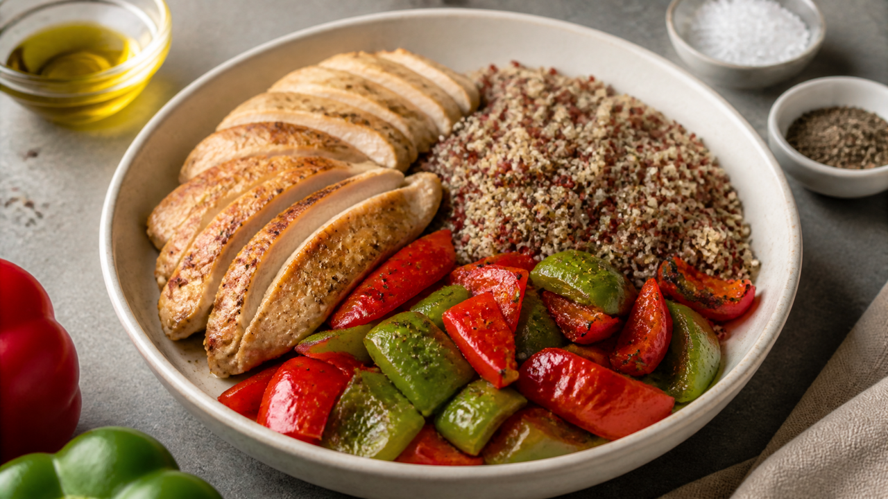 Ofen-gebackenes Paprika-Hühnchen mit Quinoa-Schüssel