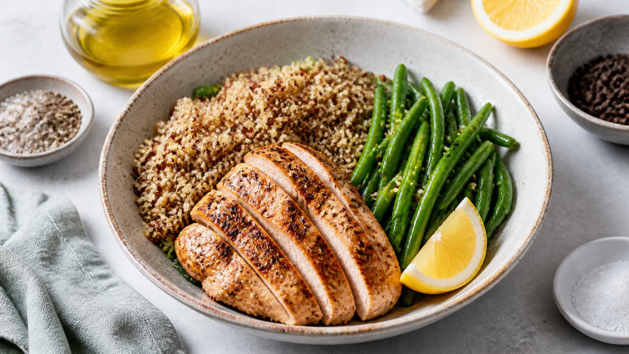 Proteinreicher Quinoa-Bowl mit Hähnchen und grünen Bohnen