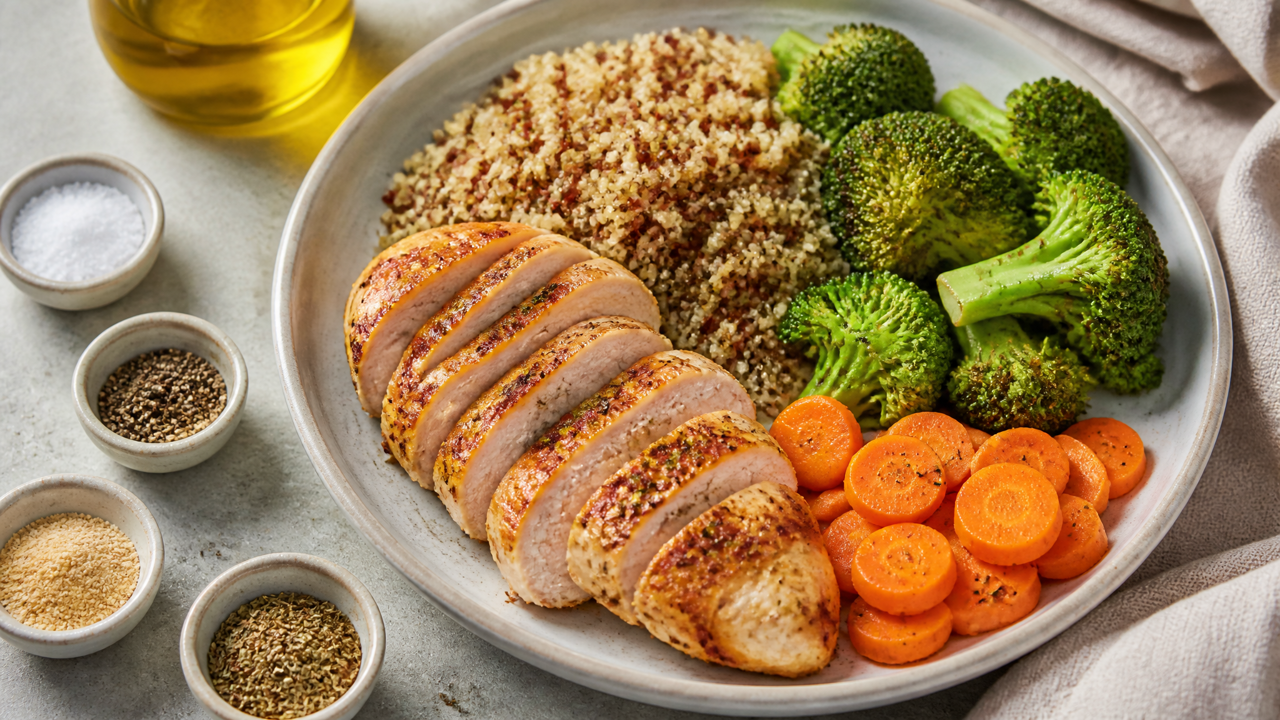 Gebratenes Hühnchen und Quinoa-Mischung