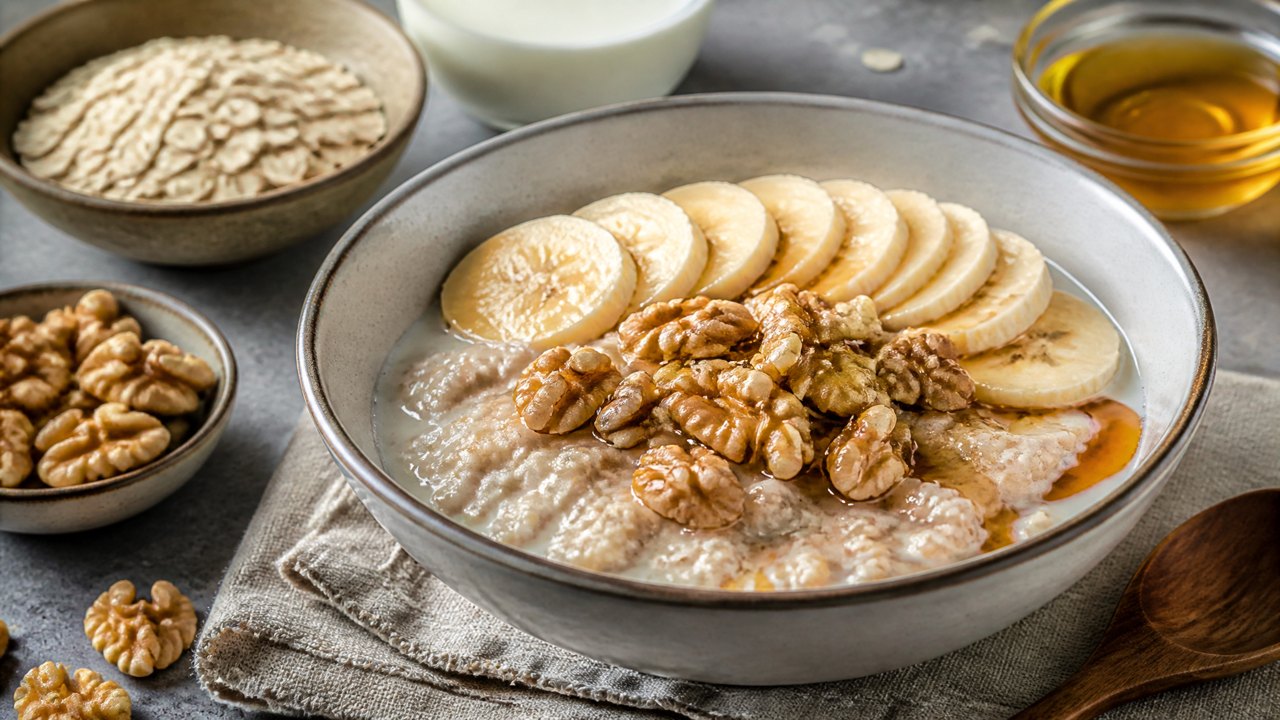 Reiche Frühstücksschüssel mit Nüssen und Hafer