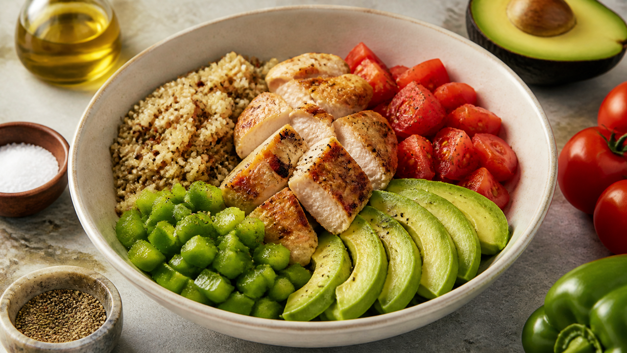 Hühnchenquinoa und Avocadobowl
