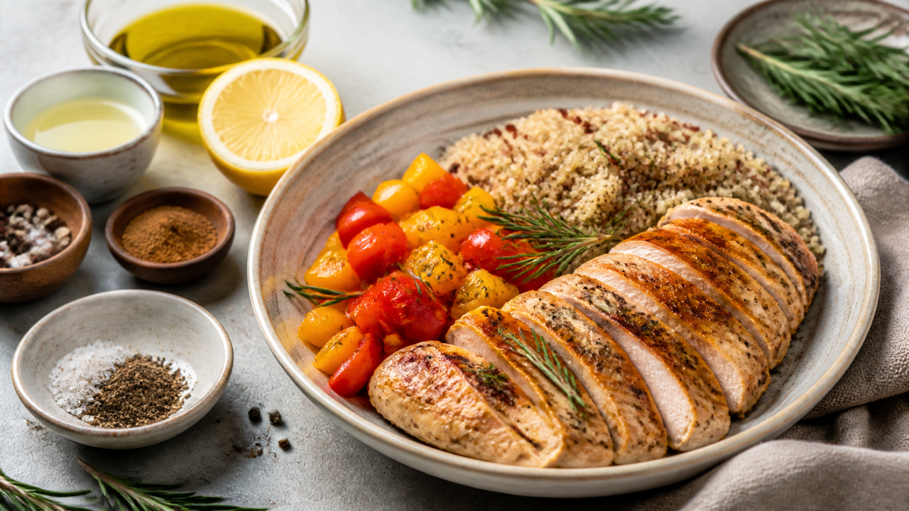 Rosmarin und Zitronen Hähnchen Quinoa Schüssel
