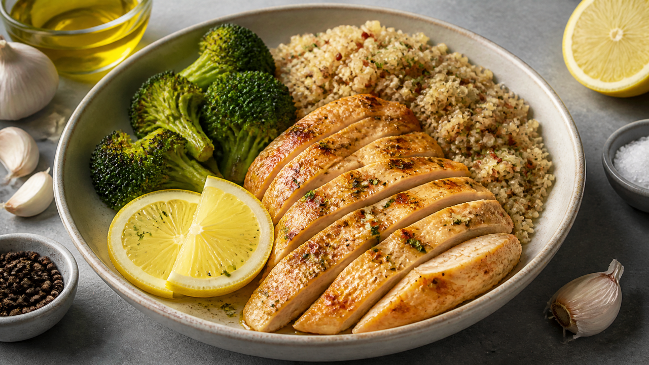 Im Ofen Gebackene Zitrone Knoblauch Hähnchen Quinoa Schüssel