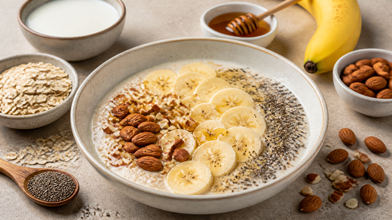 Proteinreiche Bananen-Nuss-Haferflocken-Schüssel