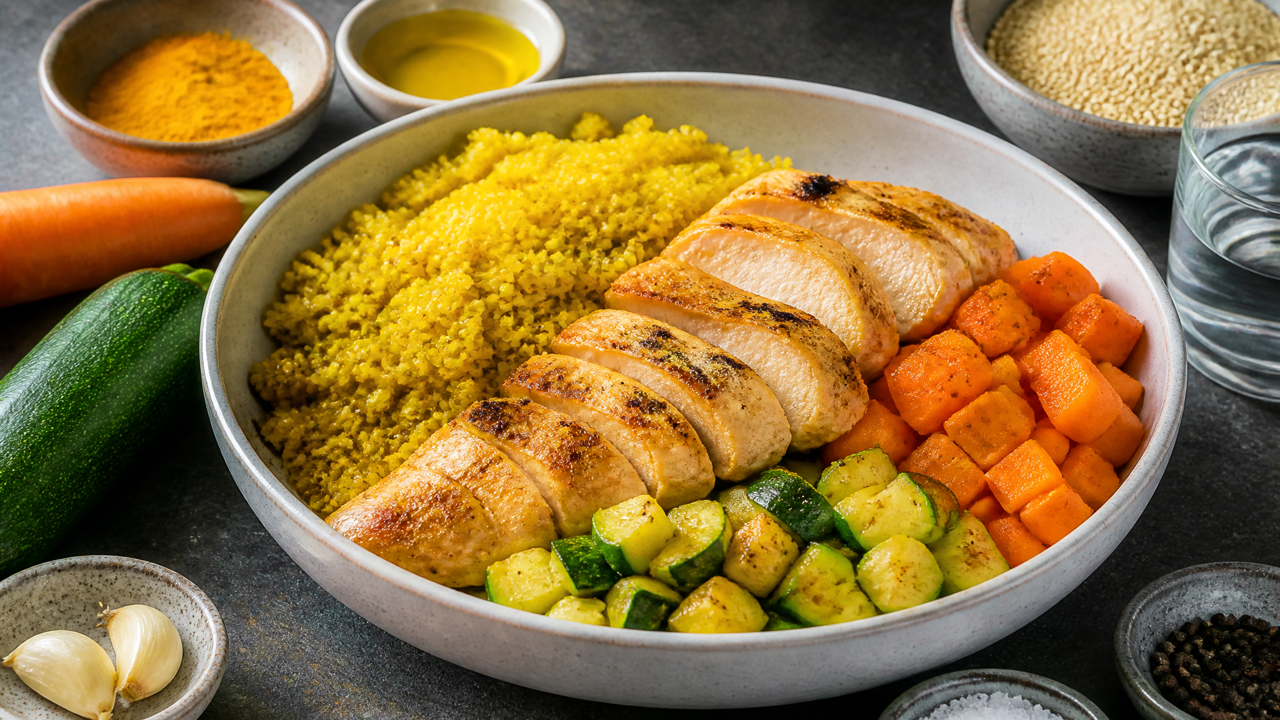 Kurkuma Quinoa und Hühnchenschale