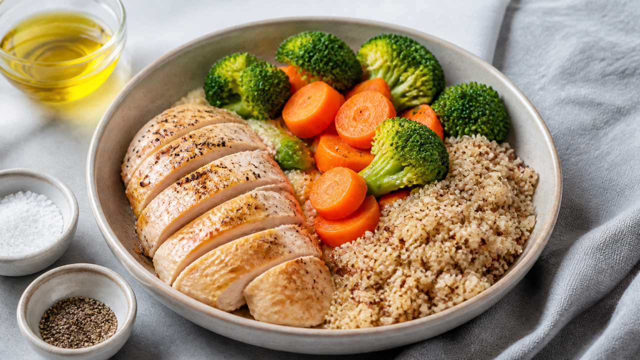 Im Ofen Gebackene Hähnchen-Quinoa-Schüssel mit Olivenöl