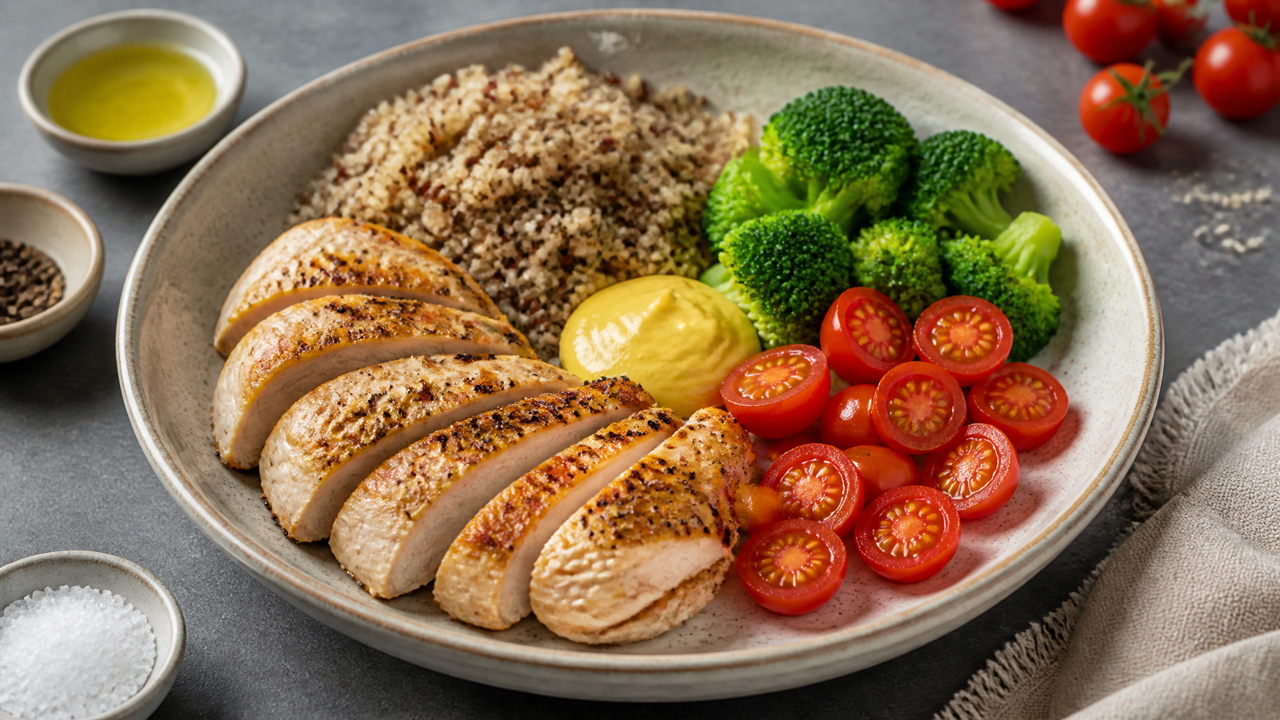 Ofen-gebackenes Senfhühnchen mit Quinoa-Salat