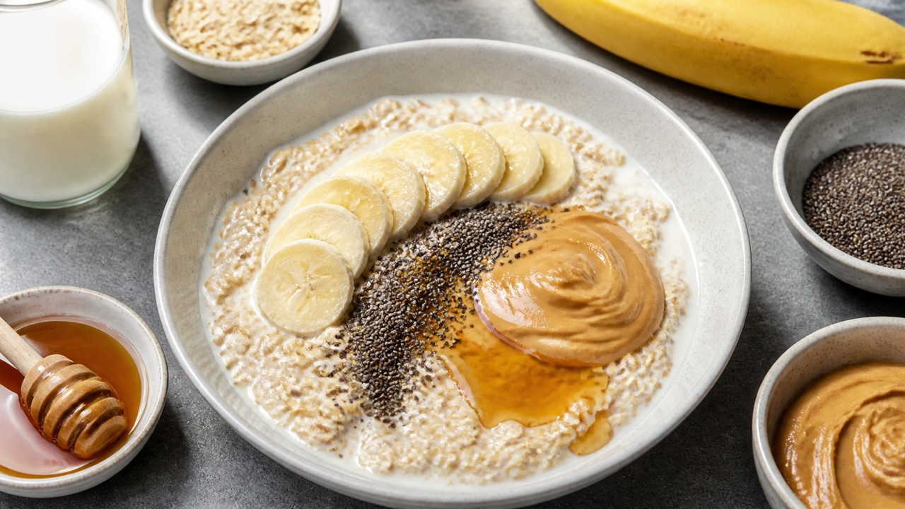 Nahrhafte Haferflocken mit Erdnussbutter Frühstücks-Schüssel