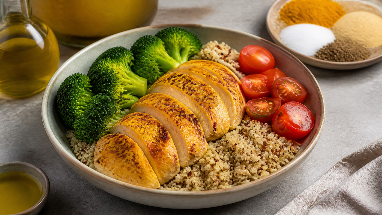 Im Ofen gebackene Kurkuma-Hähnchen und Quinoa-Schalen