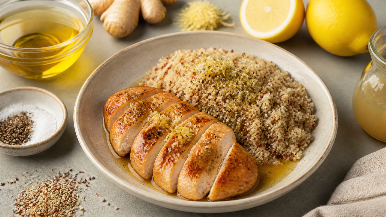 Im Ofen gebacken Hähnchen mit Ingwersoße und Quinoa Schüssel